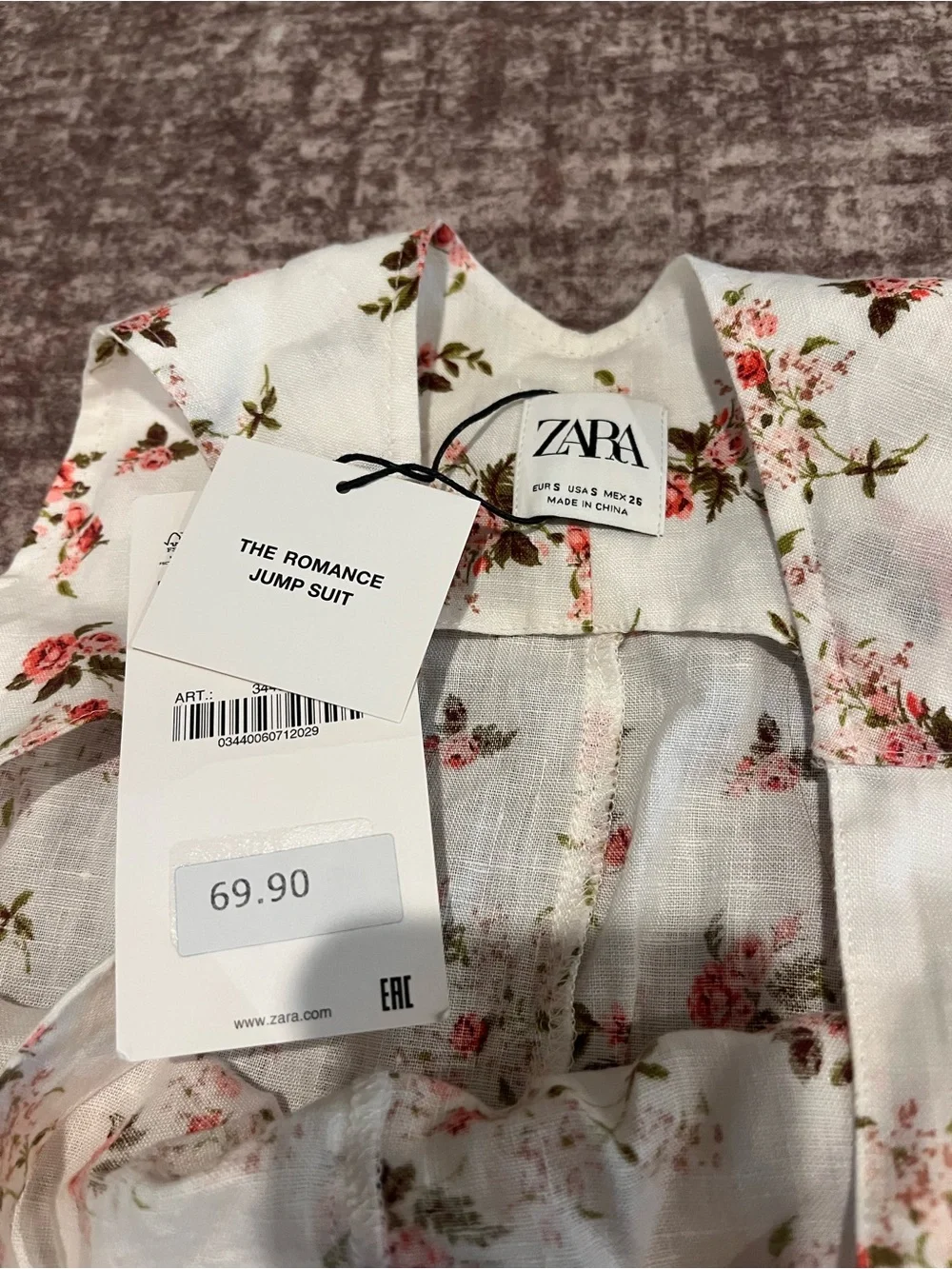 Zara White Floral Linen-Blend Wide-Leg Jumpsuit